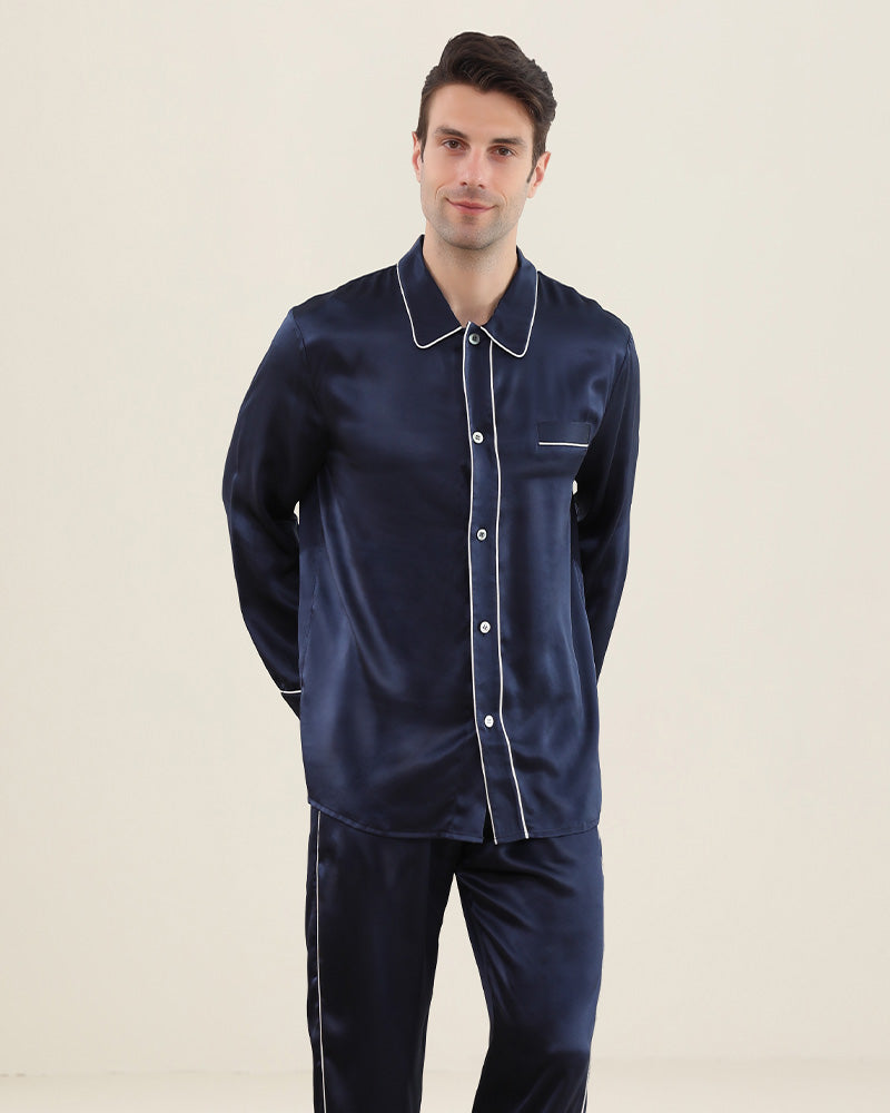 22 Momme Double Button Silk Pajamas Set Navy