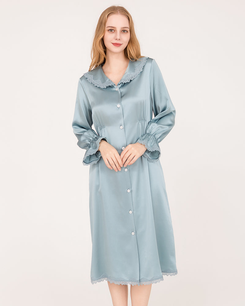 22 Momme Long-Sleeve Silk Dress with Lace Ruffled Cuffs Haze Blue