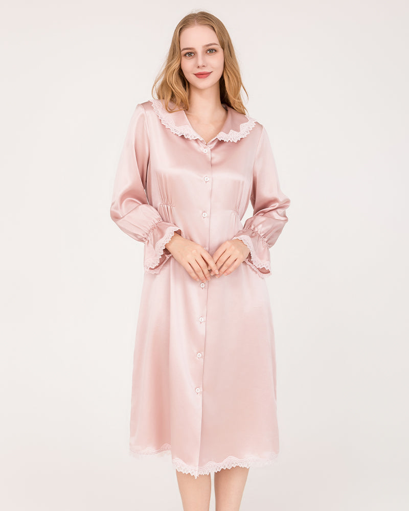 22 Momme Long-Sleeve Silk Dress with Lace Ruffled Cuffs Rose Pink