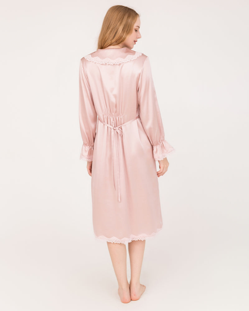 22 Momme Long-Sleeve Silk Dress with Lace Ruffled Cuffs Rose Pink