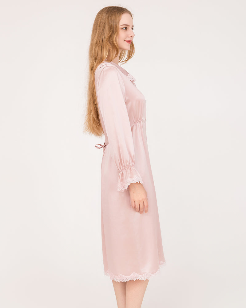 22 Momme Long-Sleeve Silk Dress with Lace Ruffled Cuffs Rose Pink