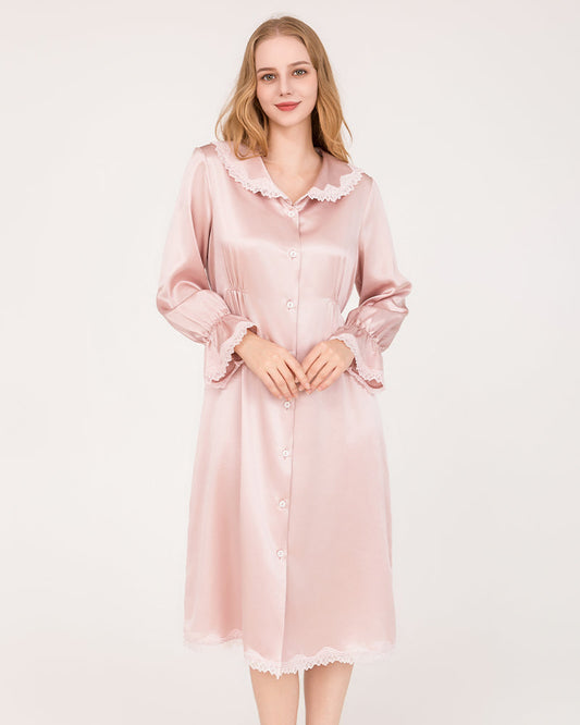 22 Momme Long-Sleeve Silk Dress with Lace Ruffled Cuffs Rose Pink