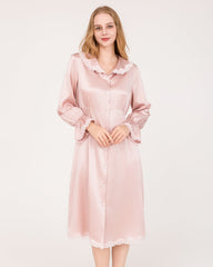 22 Momme Long-Sleeve Silk Dress with Lace Ruffled Cuffs Rose Pink