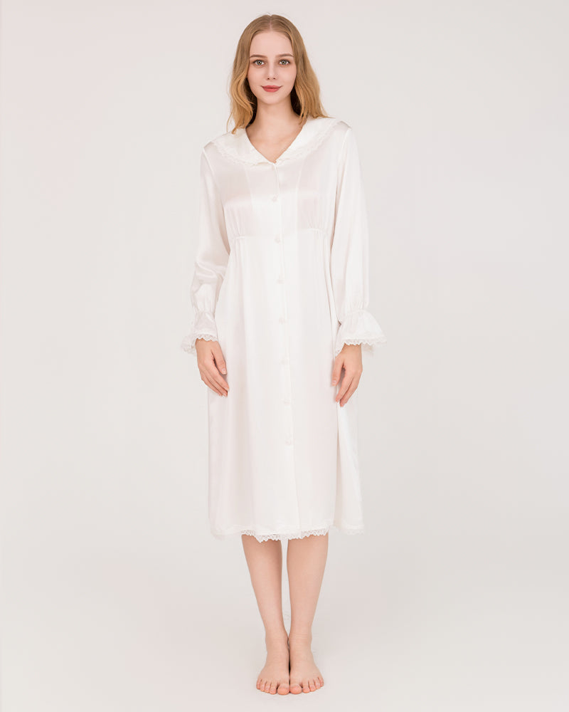 22 Momme Long-Sleeve Silk Dress with Lace Ruffled Cuffs White