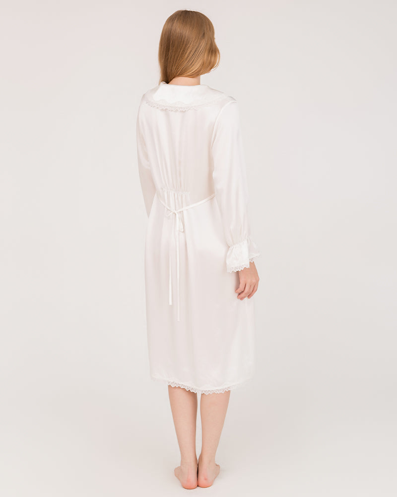 22 Momme Long-Sleeve Silk Dress with Lace Ruffled Cuffs White