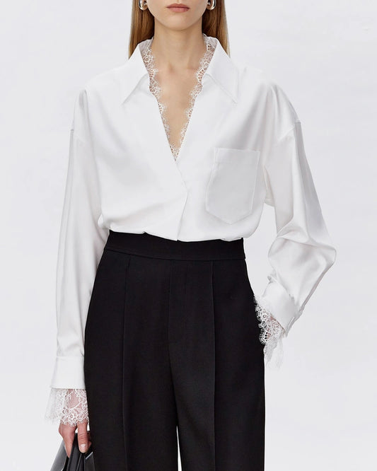 22 Momme Oversized Silk Lace Trim Shirt