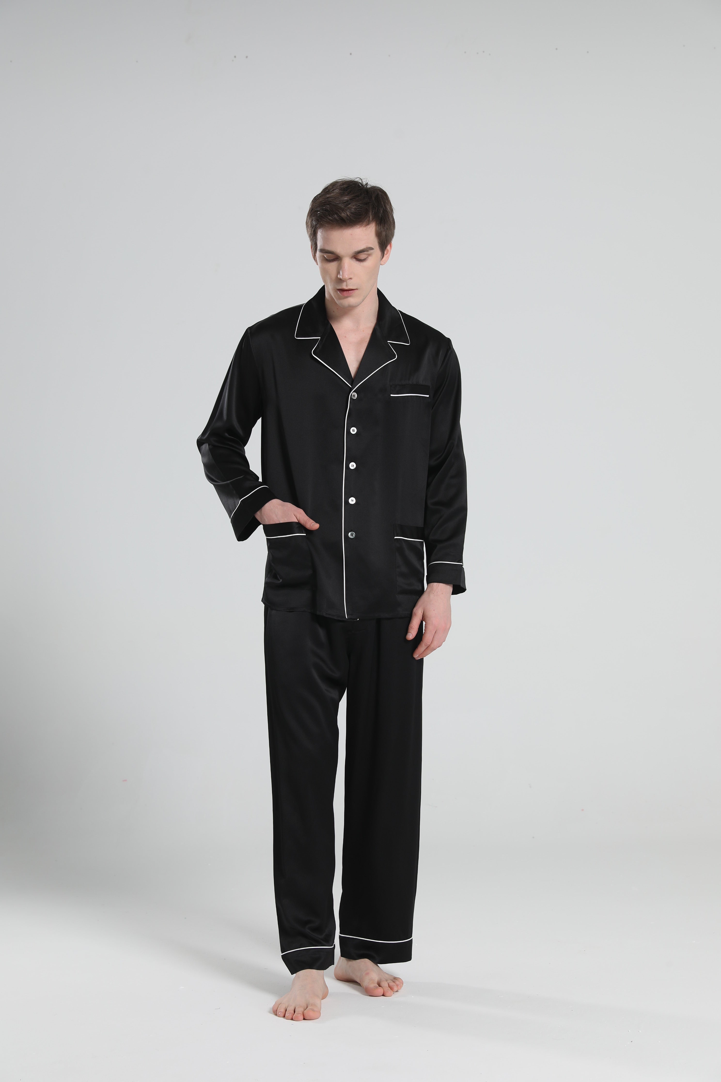 22 Momme Piping Silk Pajamas Set For Men Black