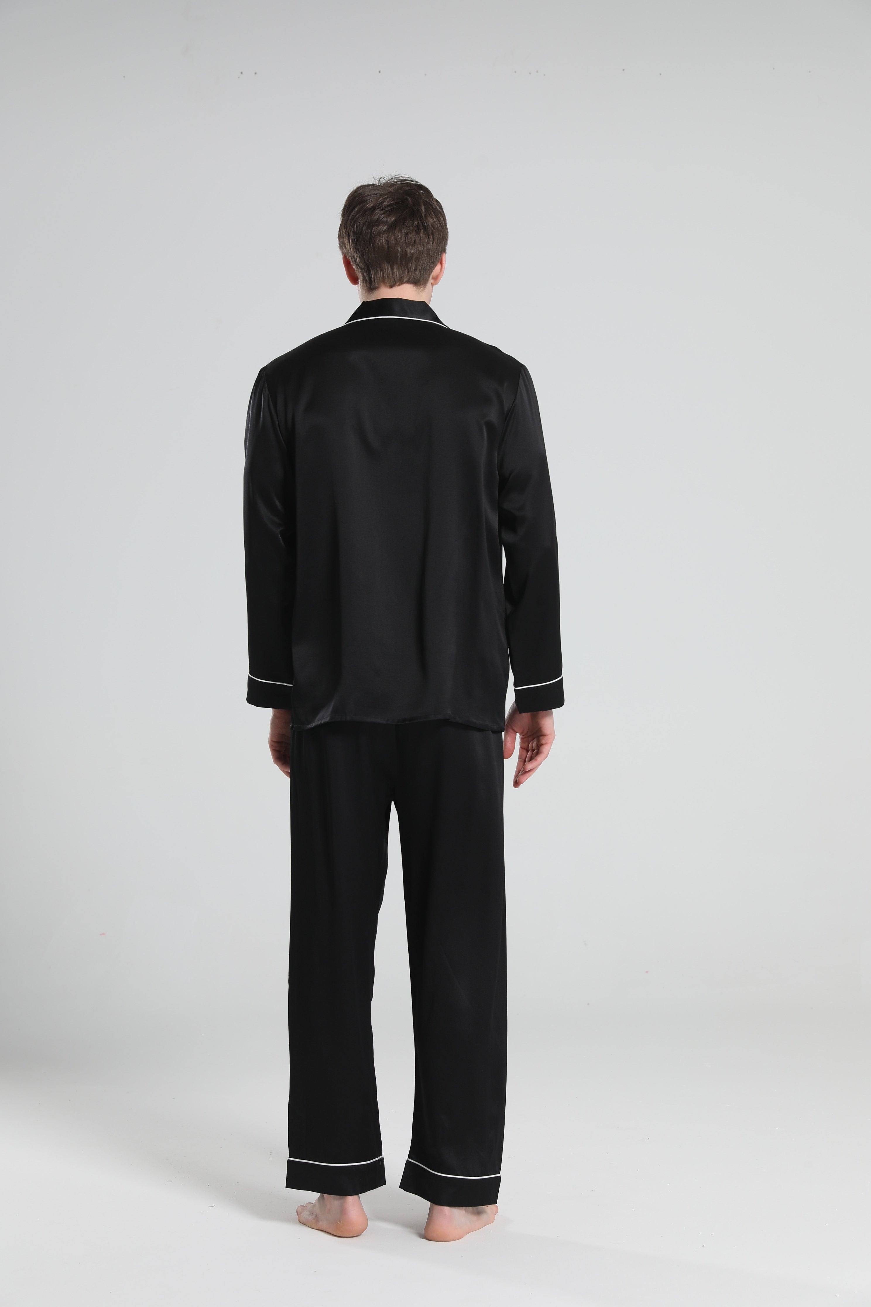 22 Momme Piping Silk Pajamas Set For Men Black