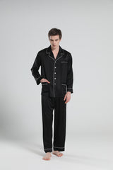 22 Momme Piping Silk Pajamas Set For Men Black
