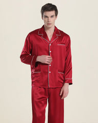 22 Momme Piping Silk Pajamas Set For Men Burgundy