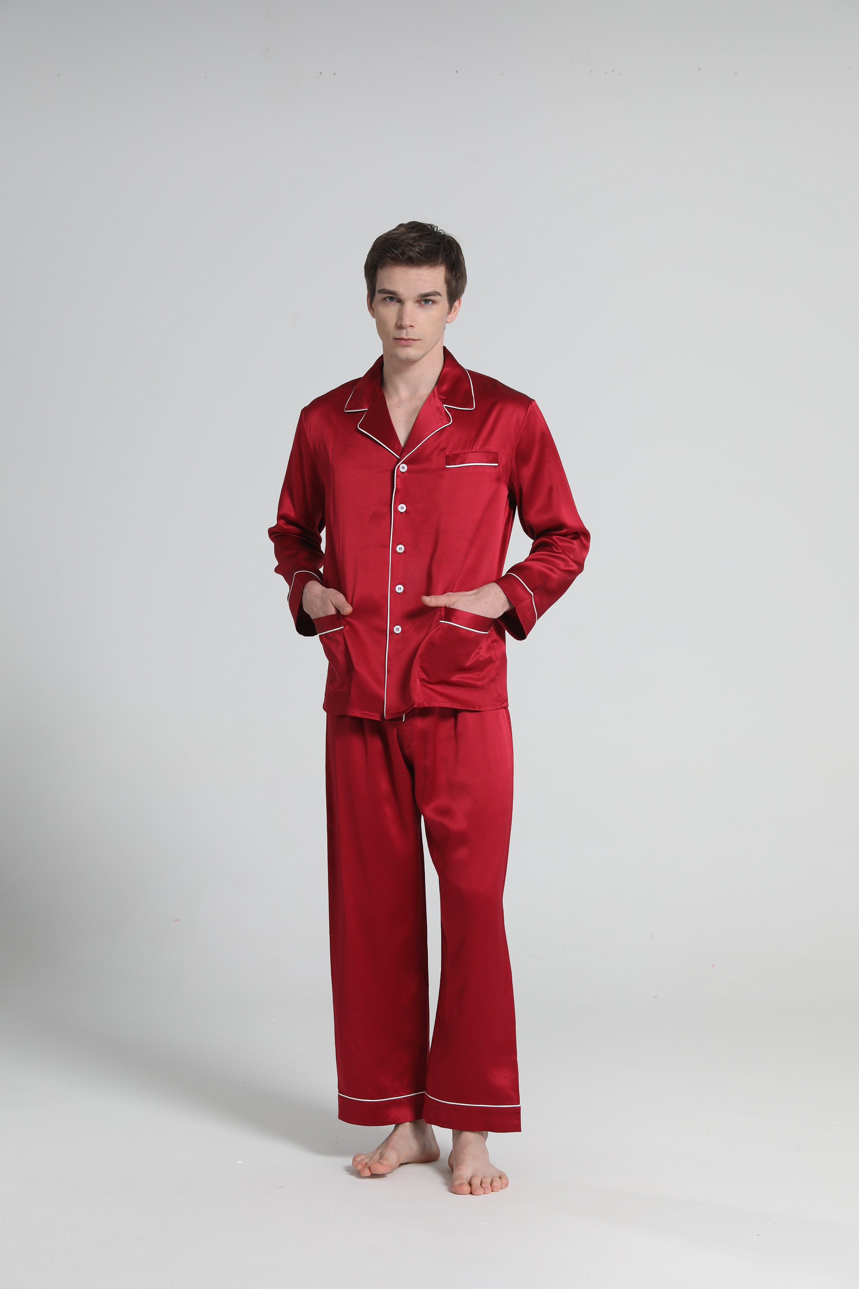 22 Momme Piping Silk Pajamas Set For Men Burgundy
