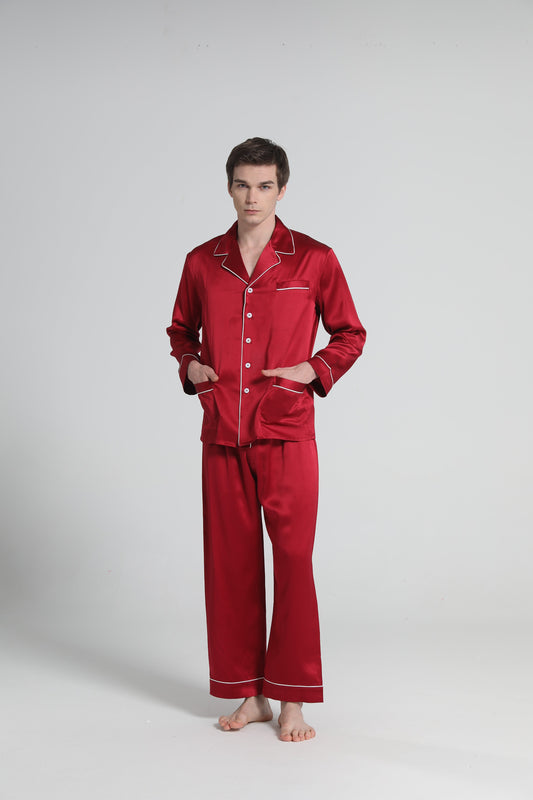 22 Momme Piping Silk Pajamas Set For Men Burgundy