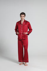 22 Momme Piping Silk Pajamas Set For Men Burgundy