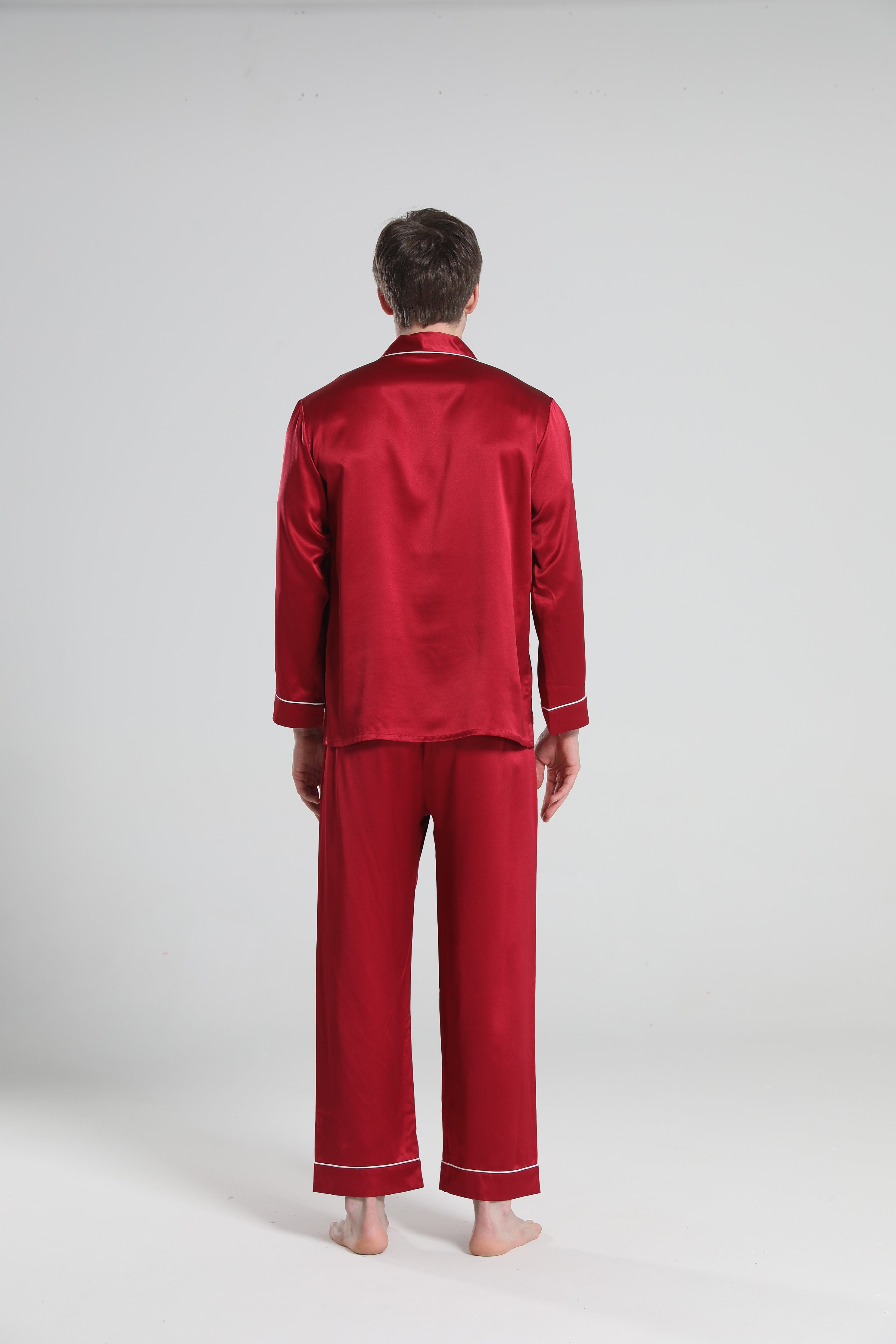 22 Momme Piping Silk Pajamas Set For Men Burgundy