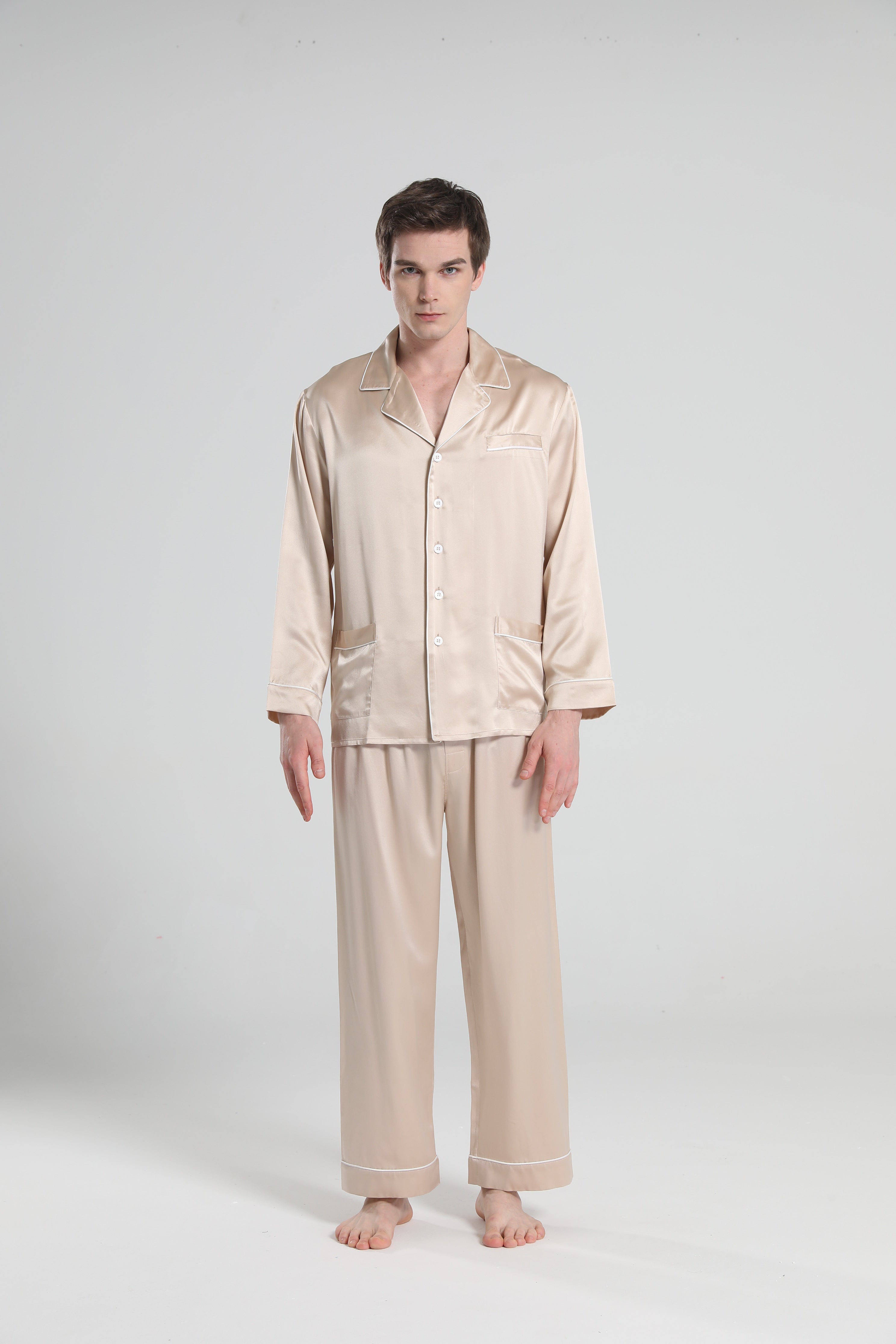 22 Momme Piping Silk Pajamas Set For Men Champagne