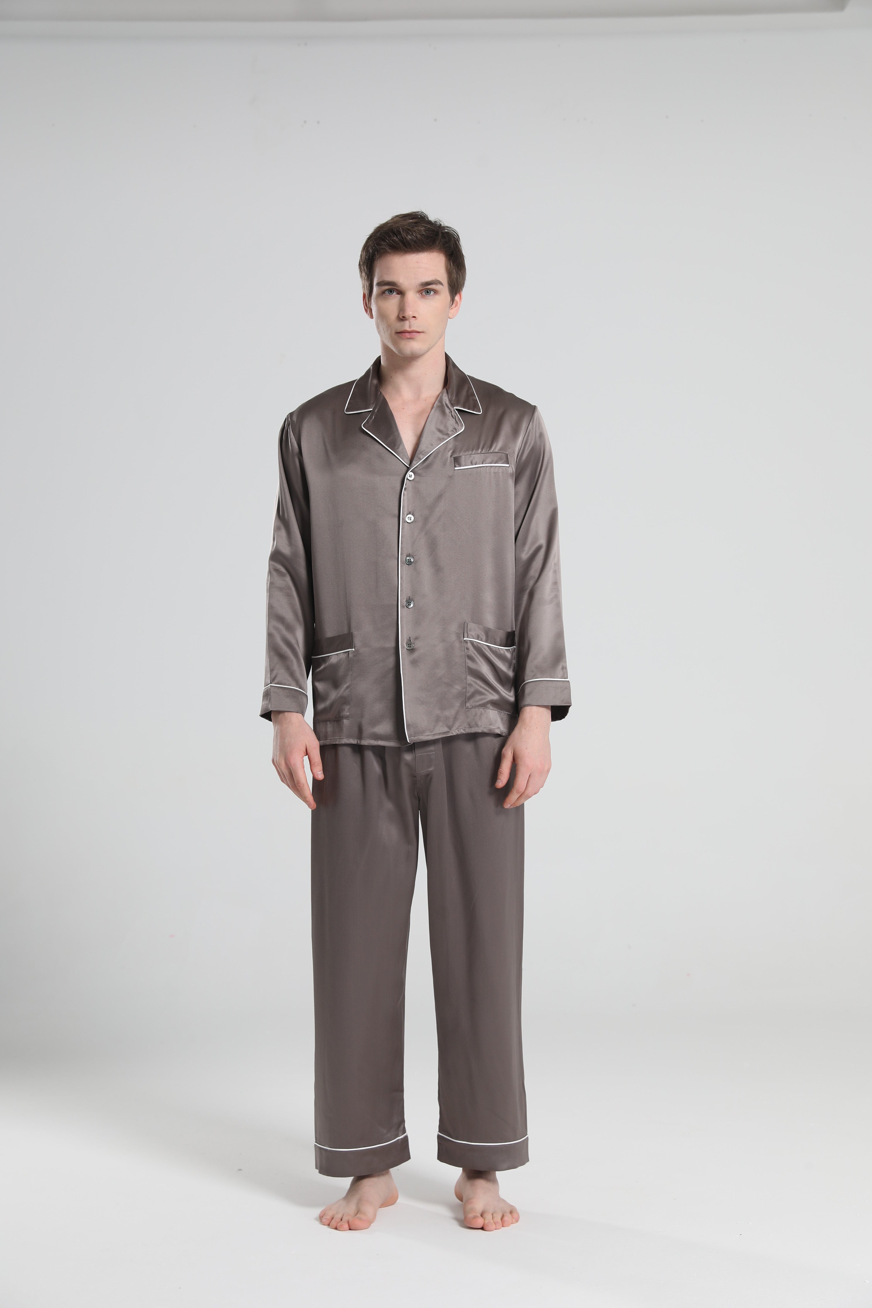 22 Momme Piping Silk Pajamas Set For Men Dark Grey