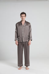 22 Momme Piping Silk Pajamas Set For Men Dark Grey