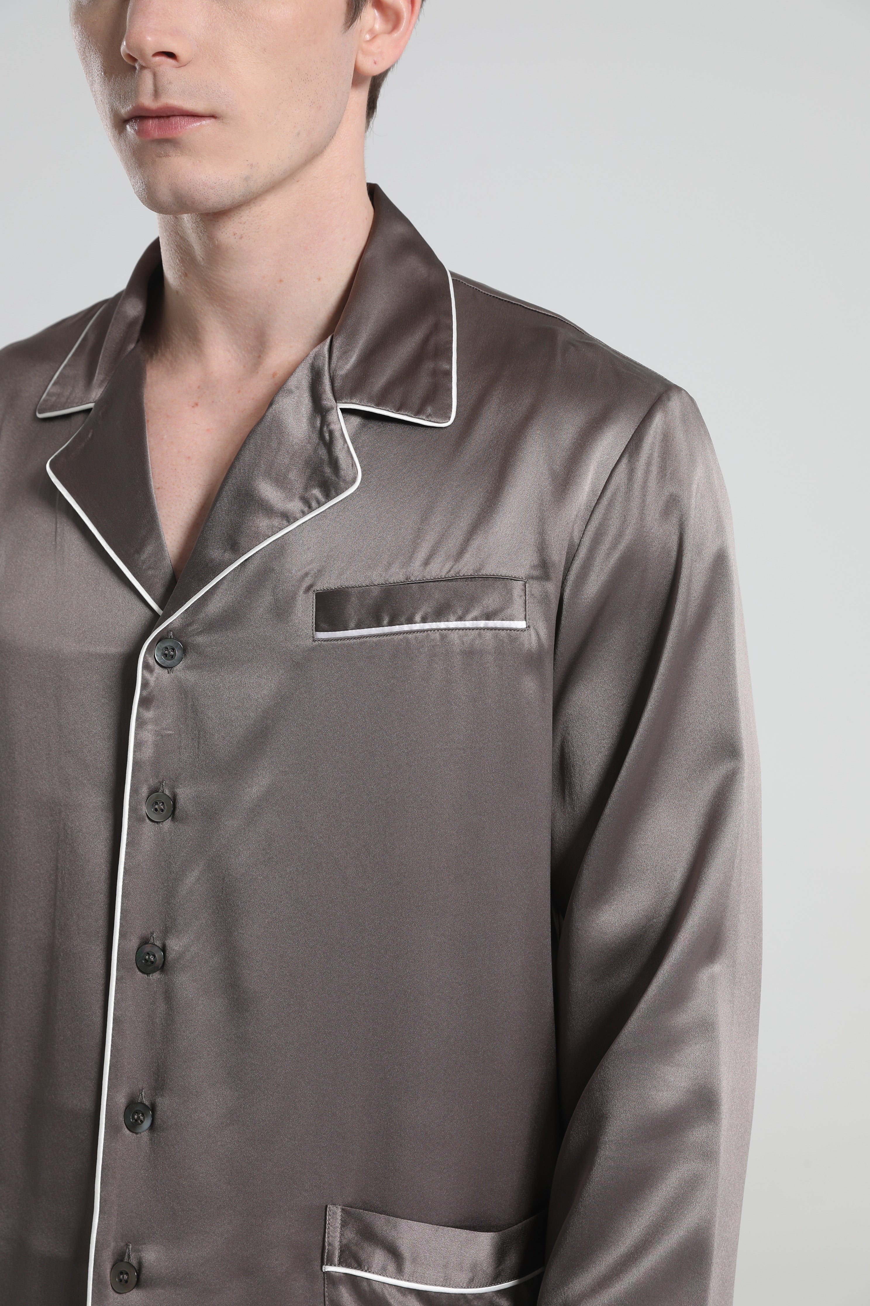 22 Momme Piping Silk Pajamas Set For Men Dark Grey