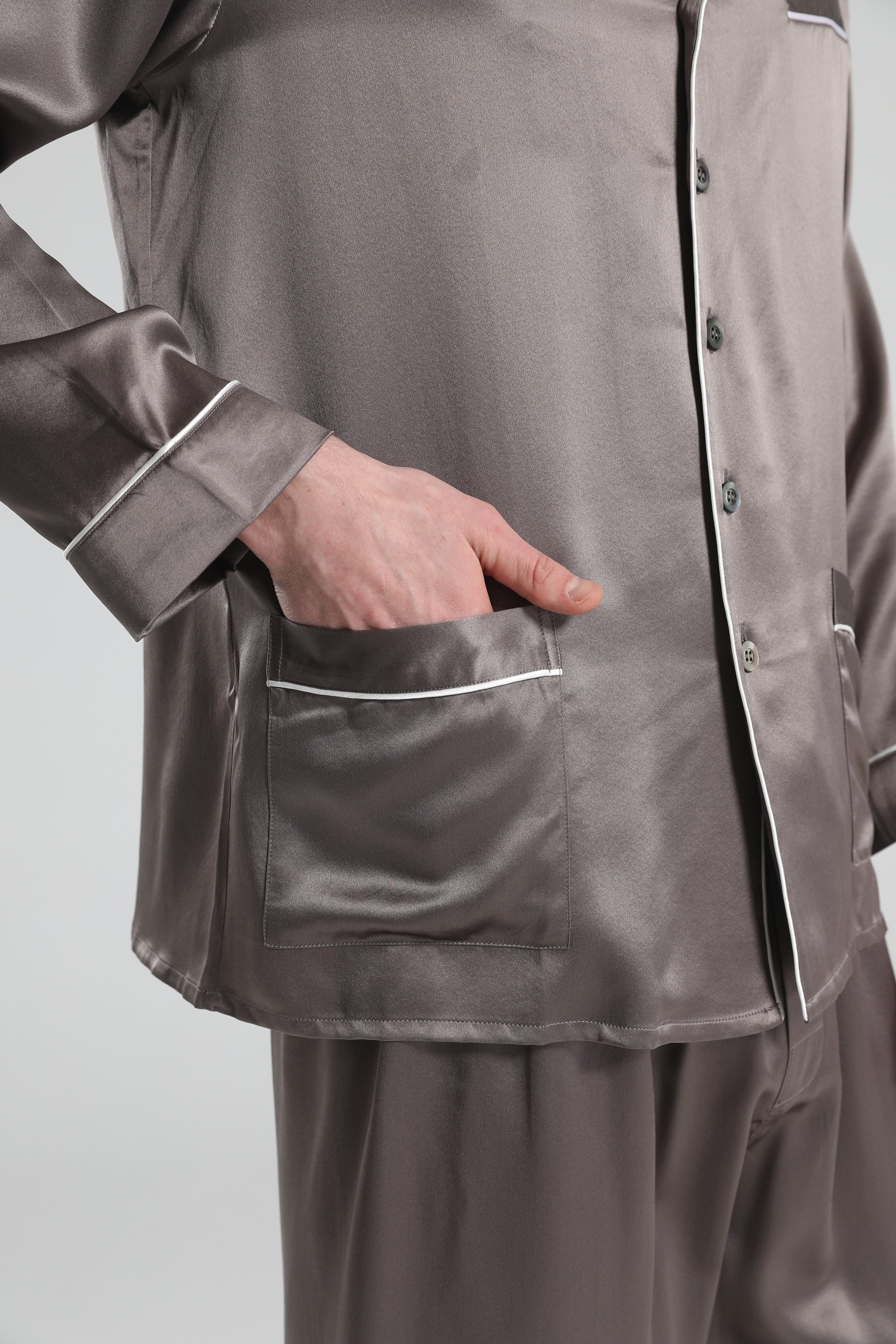 22 Momme Piping Silk Pajamas Set For Men Dark Grey