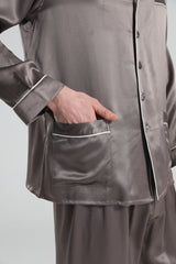 22 Momme Piping Silk Pajamas Set For Men Dark Grey