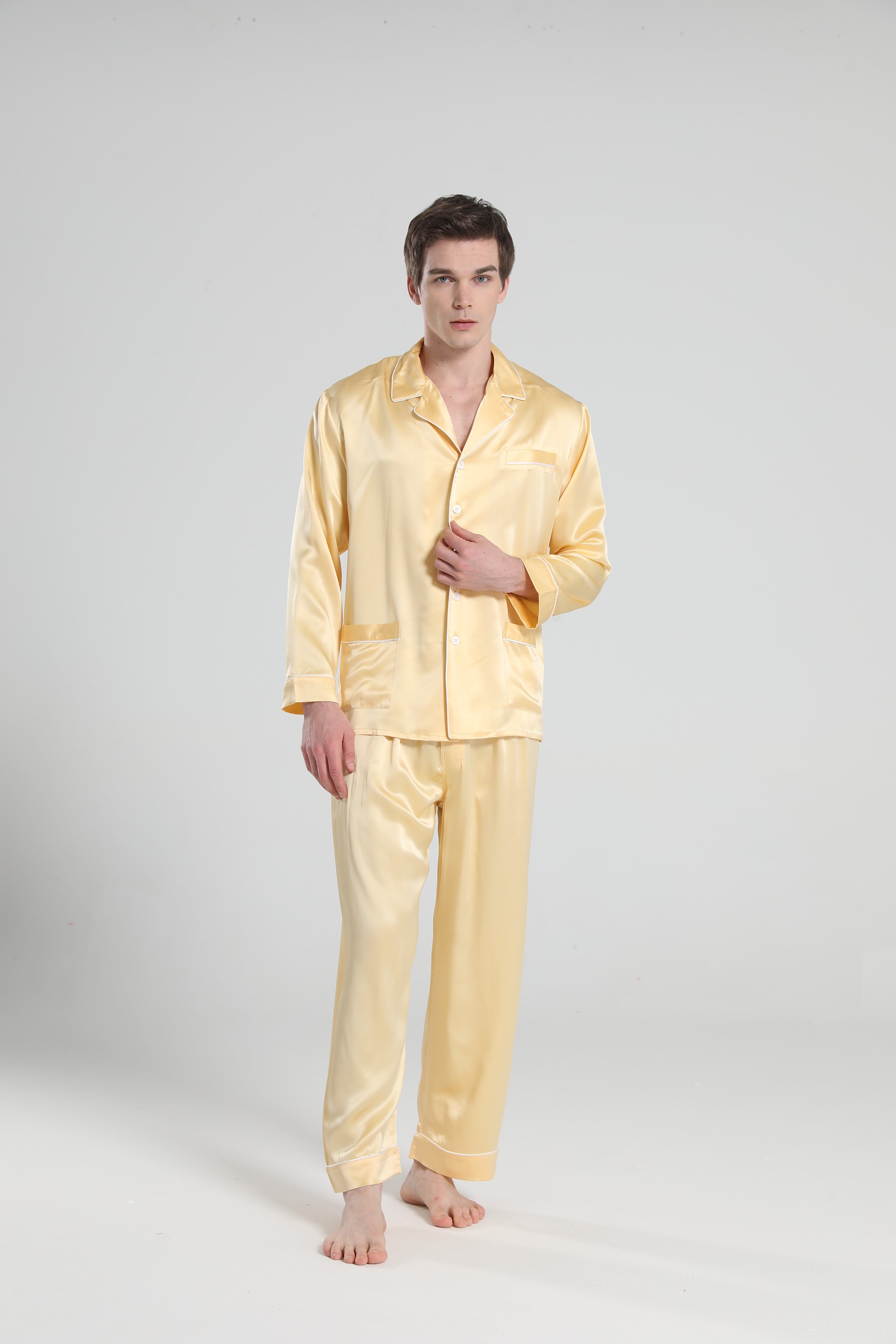 22 Momme Piping Silk Pajamas Set For Men Gold