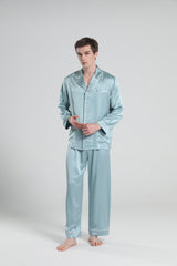22 Momme Piping Silk Pajamas Set For Men Haze Blue