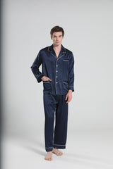 22 Momme Piping Silk Pajamas Set For Men Navy