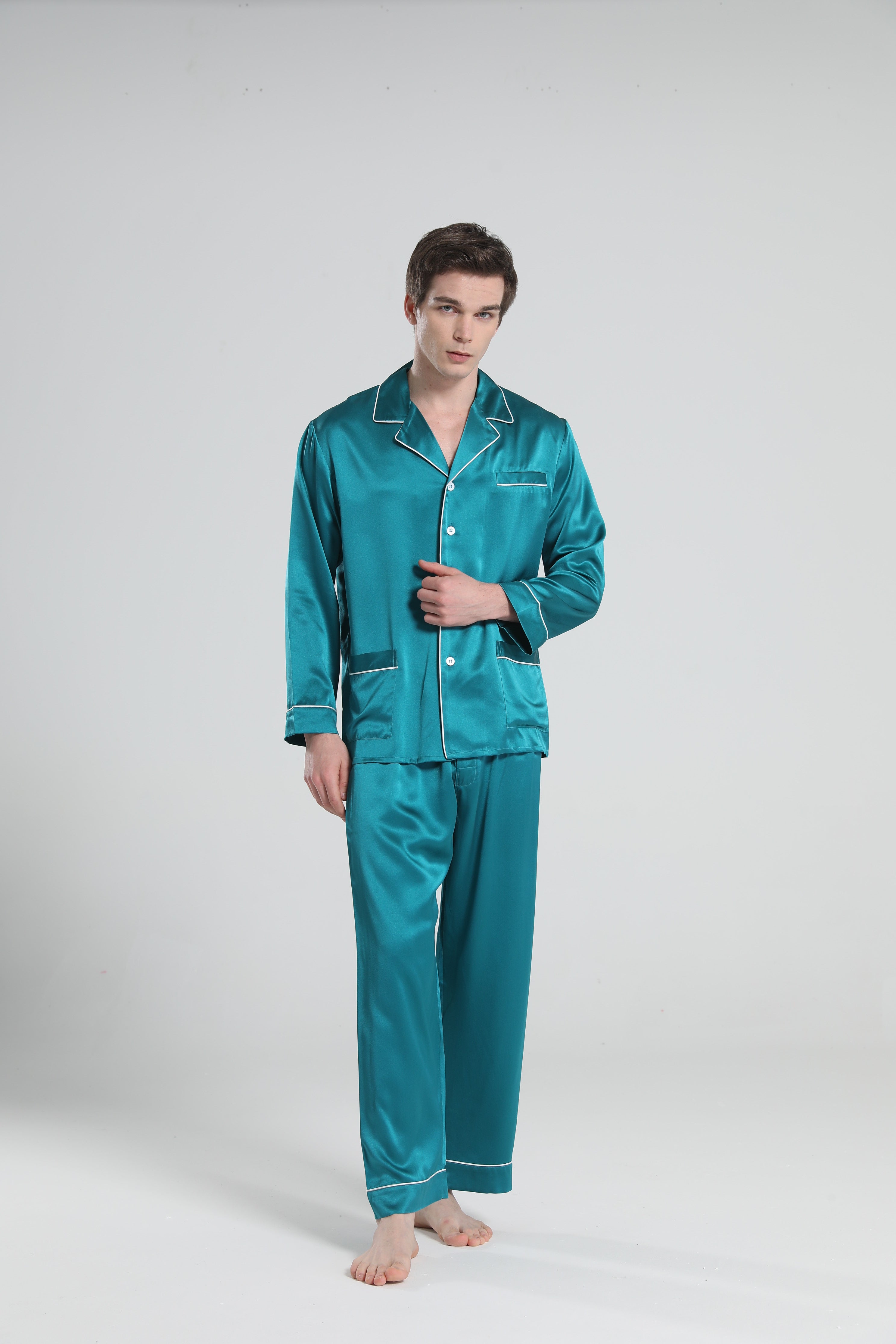 22 Momme Piping Silk Pajamas Set For Men Peacock Blue