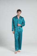 22 Momme Piping Silk Pajamas Set For Men Peacock Blue