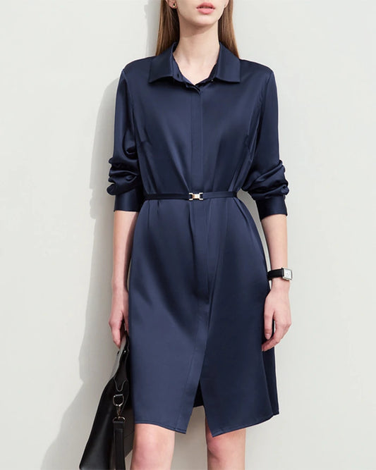 22 Momme Silk Belted Midi Dress Long Sleeve