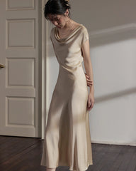 22 Momme Silk Cowl Neck Bias Cut Midi Dress