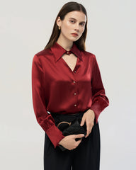 22 Momme Silk Cutout Collar Long Sleeve Blouse