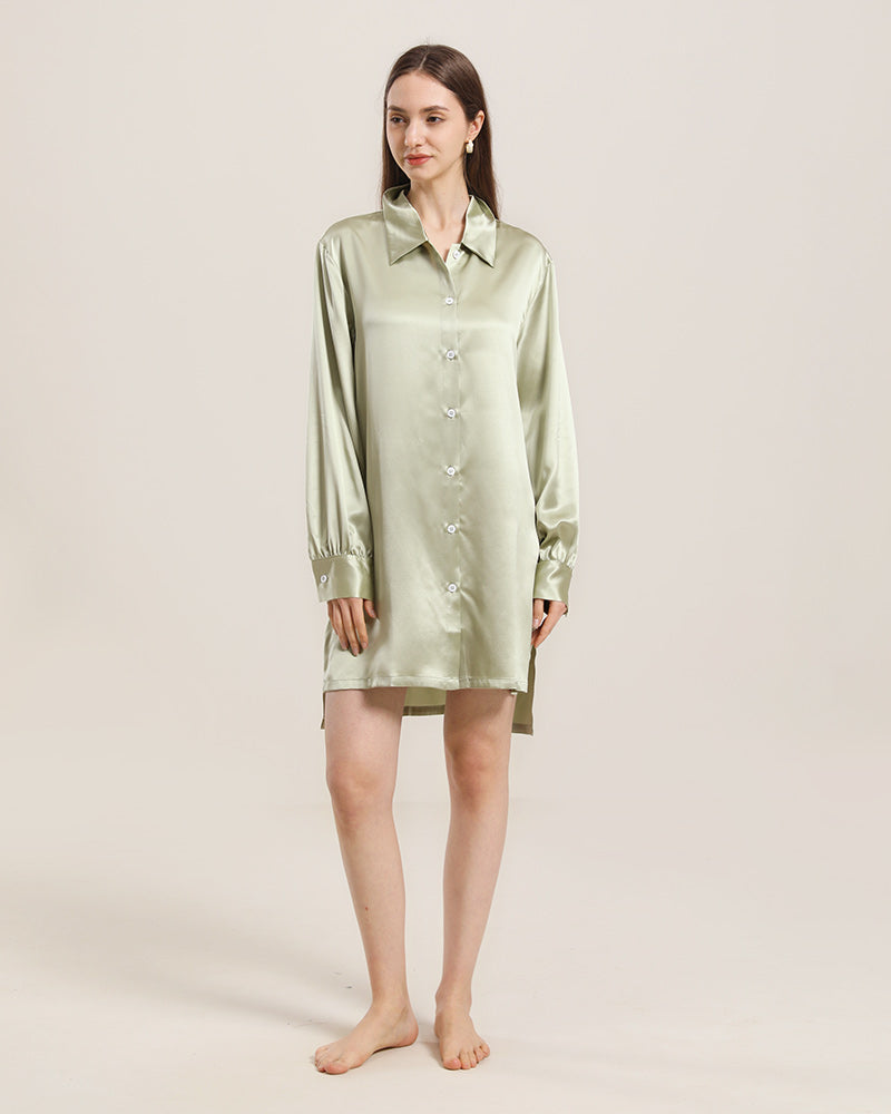 22 Momme Silk Irregular Shirt Dress For Women Avocado Green