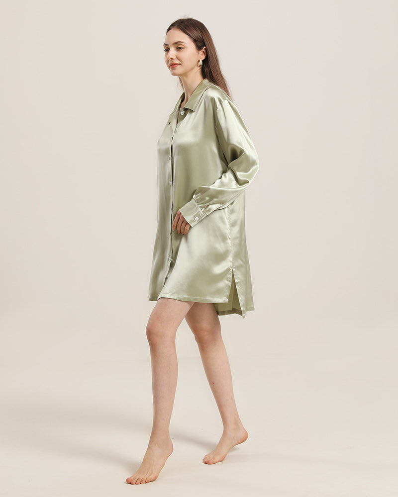 22 Momme Silk Irregular Shirt Dress For Women Avocado Green