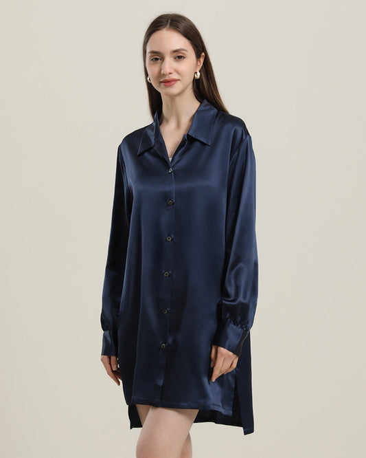 22 Momme Silk Irregular Shirt Dress For Women Navy