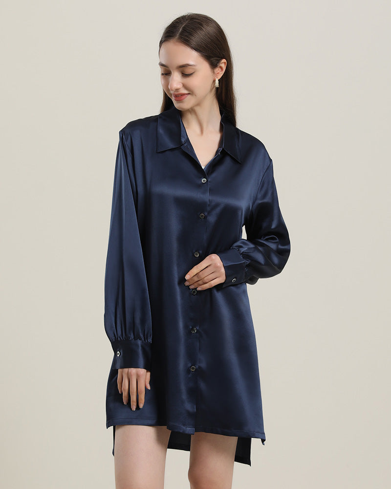 22 Momme Silk Irregular Shirt Dress For Women Navy