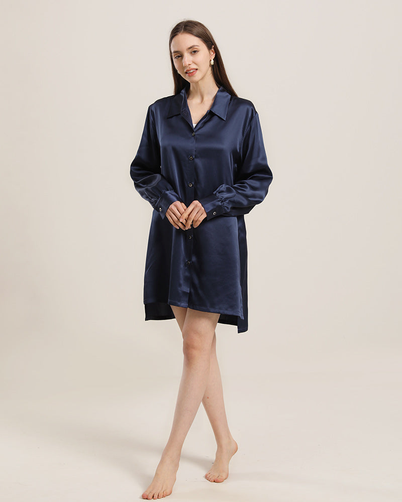 22 Momme Silk Irregular Shirt Dress For Women Navy