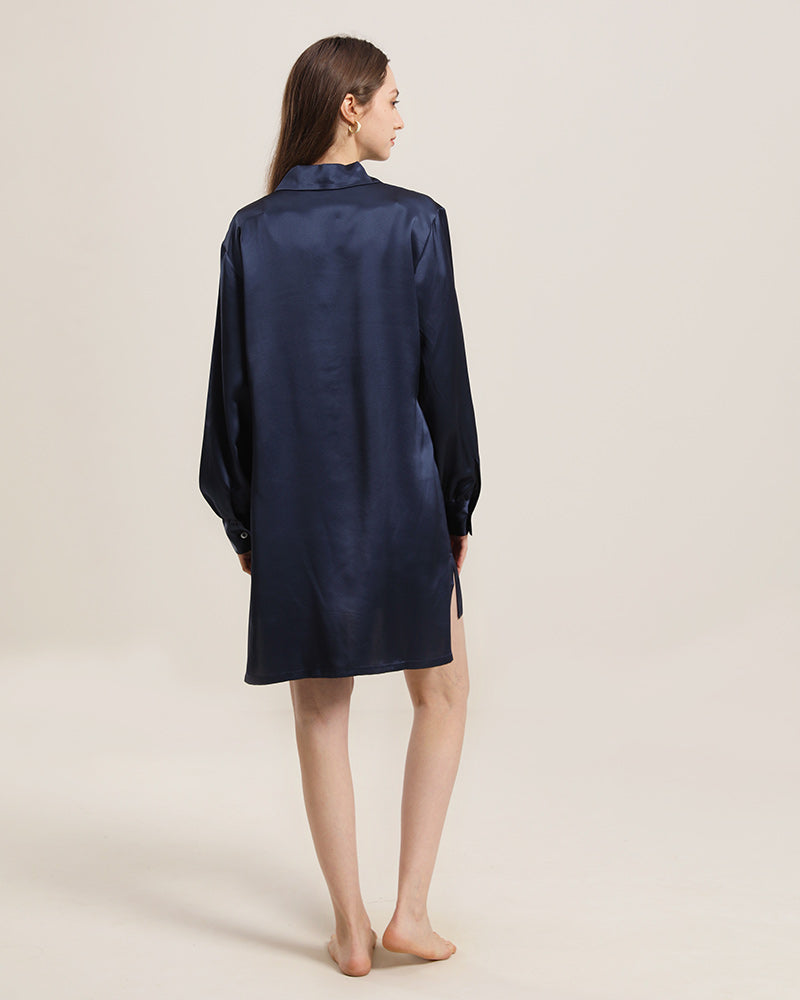 22 Momme Silk Irregular Shirt Dress For Women Navy