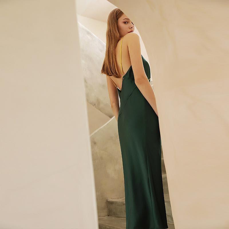 22 Momme Silk Long Dress Nightgown Dark Green