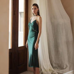22 Momme Silk Long Dress Nightgown Dark Green