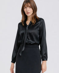 22 Momme Silk Tie Neck Blouse Long Sleeve
