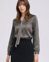 22 Momme Silk Tie Neck Blouse Long Sleeve