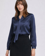 22 Momme Silk Tie Neck Blouse Long Sleeve