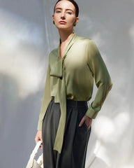 30 Momme Silk Tie-Front Long Sleeve Blouse