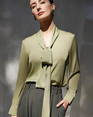 30 Momme Silk Tie-Front Long Sleeve Blouse