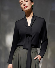 30 Momme Silk Tie-Front Long Sleeve Blouse