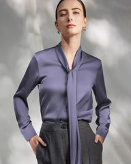 30 Momme Silk Tie-Front Long Sleeve Blouse