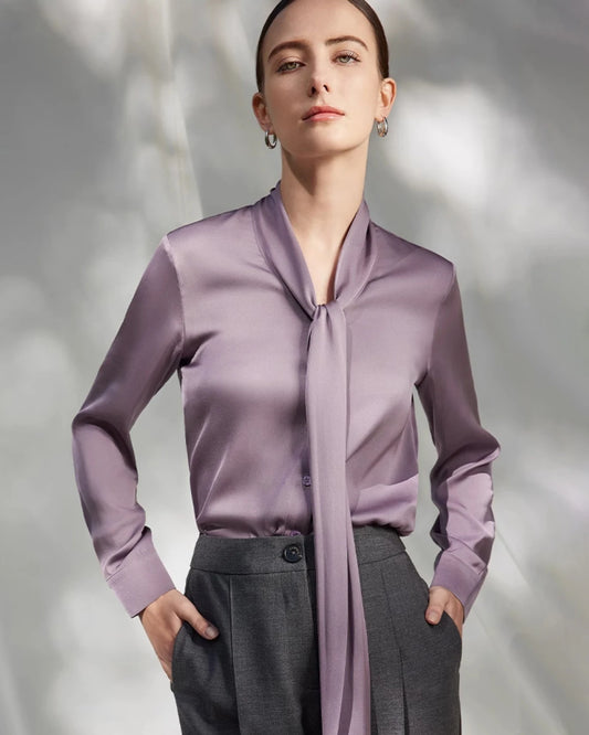 30 Momme Silk Tie-Front Long Sleeve Blouse