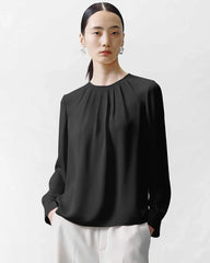 Crew Neck Pleated Silk Blouse