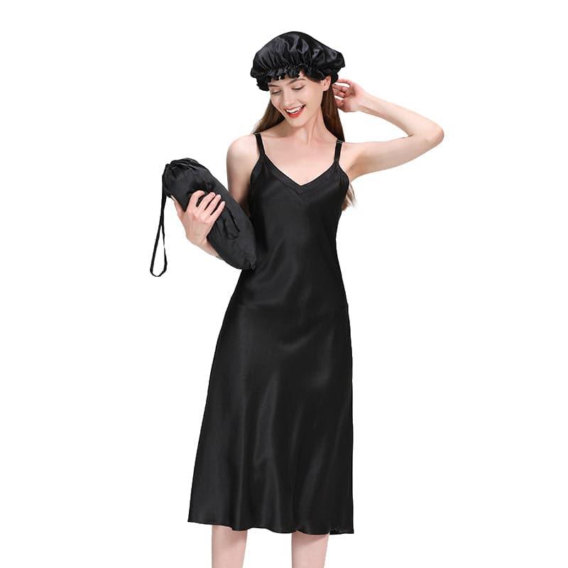 Women 22 Momme Long Silk Nightgown Black
